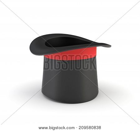 3d rendering of a illusionist's black hat isolated on a white background. Magic tricks. Illusionist's props. Kid's entertainment.