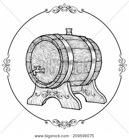 Vector Sketch Illustration Of A Wooden Wine Barrel With The Faucet In Vintage Style With Stand. Hand