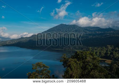 Beatiful view over the lake. Lake and mountain view from a hill, Buyan Lake, Bali