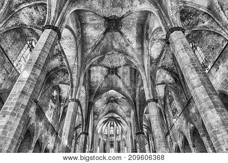 Interior Of Santa Maria Del Mar In Barcelona, Catalonia, Spain