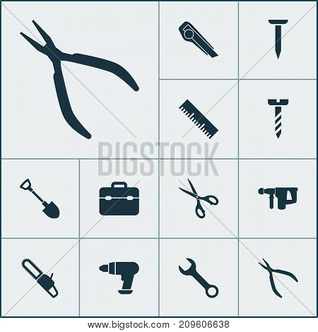 Handtools Icons Set. Collection Of Bolt, Shears, Screw And Other Elements