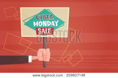 Hand Holding Banner With Text Cyber Monday Sale Deals Design Online Holiday Shopping Concept Vector Illustration