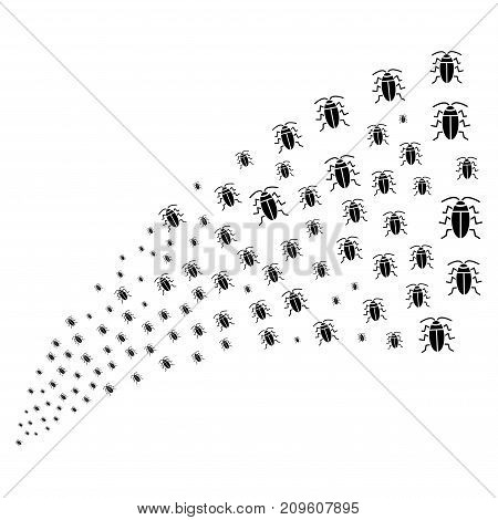 Stream of cucaracha symbols. Vector illustration style is flat black iconic cucaracha symbols on a white background. Object fountain created from pictographs.