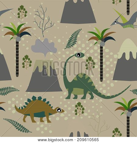 Cute kids dinosaurs pattern for girls and boys. Colorful dinosaurs on the abstract grunge background create a fun cartoon drawing. The background is made in neon colors. Urban dinosaurs backdrop for textile and fabric.