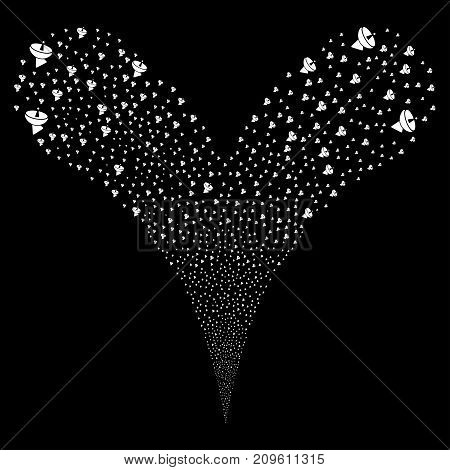 Radio Telescope fireworks stream. Vector illustration style is flat white iconic radio telescope symbols on a black background. Object fountain organized from random pictographs.