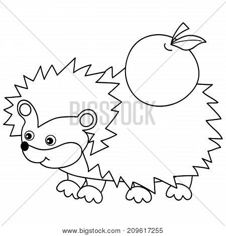 Vector black and white cute cartoon hedgehog carrying apple on spines. Vector hedgehog. Hedgehog vector illustration