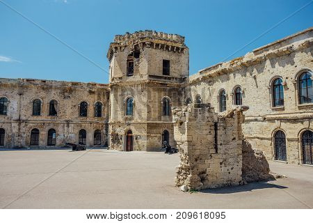 Courtyard of old coastal Michael's fortress, echo of war in Sevastopol, Crimea
