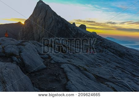 View from the top of the majestic mount Kinabalu in Kinabalu national,Sabah during morning sunrise.Its the highest mountain in Malaysia is one of Borneo's most popular tourist attractions & climbers.