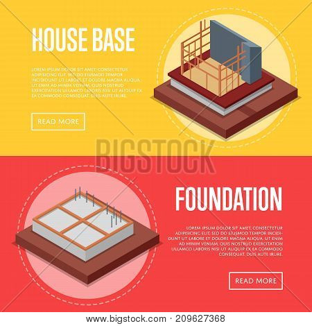 House base construction posters. Land preparation under building, foundation pouring, construction of walls vector illustration. Construction stages of house, real estate development isometric concept