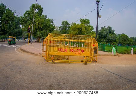 Jaipur, India - September 26, 2017: Police control fence at the enter of Goverment building of Rashtrapati Bhavan is the official home of the President of India.