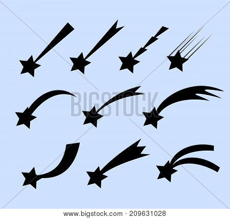 Falling stars  set. Shooting stars isolated from background. Icons of meteorites and comets. Falling stars with different tails.