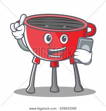 With Phone Barbecue Grill Cartoon Character Vector Illustration