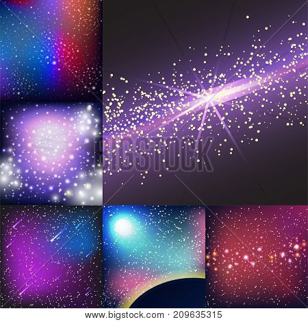 Starry outer galaxy cosmic space illustration universe background sky astronomy nebula cosmos night constellation vector realistic astrology. Light glowing nature shining.