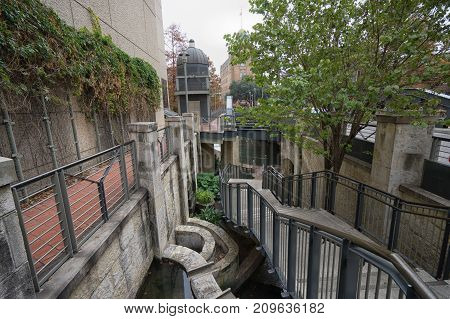 January 8, 2016 San Antonio: foot traffic stairs atthe North Presa street bridge crossing the San Antonio river built in 1925