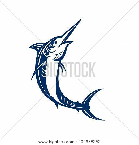 Retro style illustration of a jumping blue marlin, billfish or sialfish on isolated background.