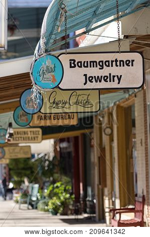 January 9, 2016 Goliad Texas USA: small business signs along the historic town square