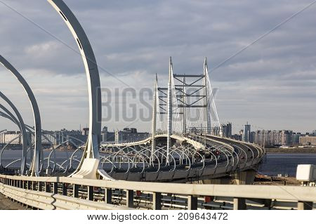 SAINT PETERSBURG, RUSSIA, MAY 07, 2017:The Western High Speed Diameter (WHSD) of St. Petersburg. The cable-stayed bridge across the Gulf of Finland.