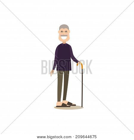 Vector illustration of grandfather with walking cane. Granddad flat style design element, icon isolated on white background.