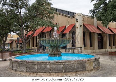 January 13 2016 Laredo Texas USA: water fountain in front of Laredo Center for the Arts in the downtown square