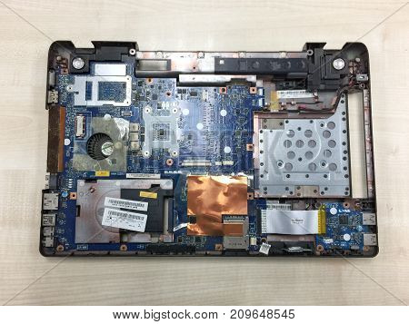 BANGKOK THAILAND  17 OCT 2017: Laptop disassembled for repair and change hard disk on the table