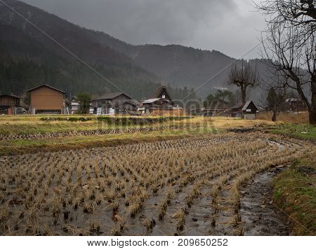 Traditional and Historical Japanese village Shirakawago Japan - December 22 2016 : The view of Traditional Japanese village Shirakawago in autumn season The unique farmhouse called "Gassho" is world heritage of Japan