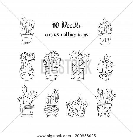 Set of 10 handdrawn doodle icons of cactus vases. Cactus succulents vector illustrations.