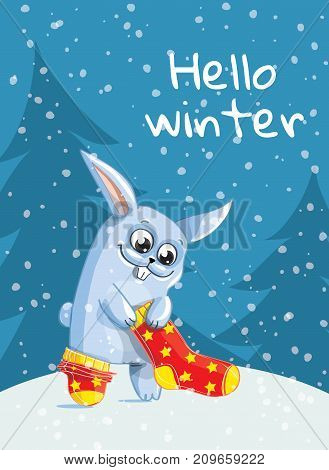Bunny, rabbit, hare put red warm woolen socks on. Hello winter