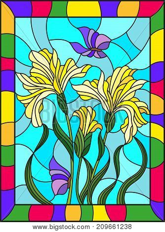 Illustration in stained glass style with a bouquet of yellow irises and butterflies on a blue background in a bright frame