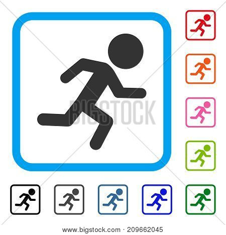 Running Child icon. Flat grey pictogram symbol in a light blue rounded rectangle. Black, gray, green, blue, red, orange color variants of Running Child vector.