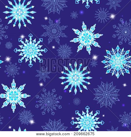 Seamless pattern on the theme of winter and winter holidays the contour of the snowflake and sters white snowflakes on a blue background