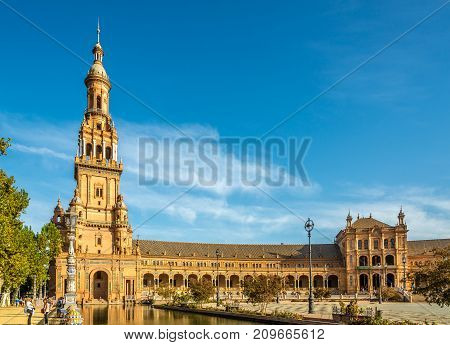SEVILLA,SPAIN - OCTOBER 1,2017 - Place of Espana with North tower in Sevilla. Sevilla is situated on the plain of the river Guadalquivir.