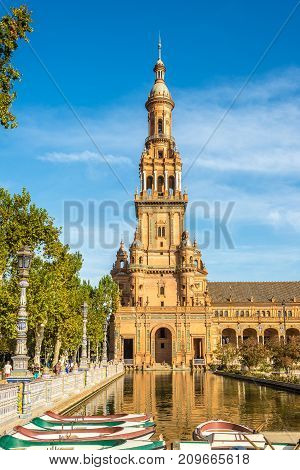 SEVILLA,SPAIN - OCTOBER 1,2017 - North tower at the Place of Espana in Sevilla. Sevilla is situated on the plain of the river Guadalquivir.