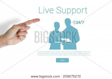 Cropped hand of man pointing against live support text with human representations