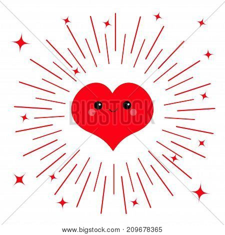 Red heart face head icon. Cute cartoon kawaii funny smiling character. Eyes mouth blush cheek. Round line shining star circle. Happy Valentines day. Flat design Greeting card White background Vector