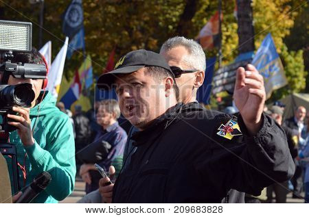 Kostya Grishin. The Hero of the Great Victory near Ilovaisk.Rioters of Ukrainian Ragulution near Ukrainian Papliament protest against president Poroshenko.Kiev,Ukraine.October 18, 2017