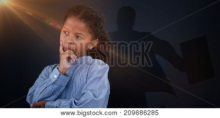 Graphic image of businessman running with breifcase against thoughtful girl with hand on chin looking away