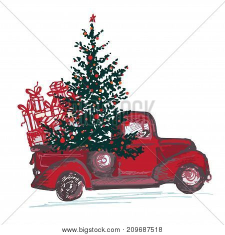 Festive New Year 2018 card. Red truck with fir tree decorated red balls isolated on white background. Vector illustrations
