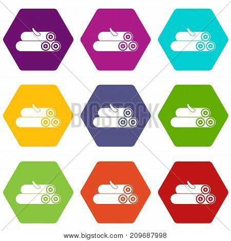 Wooden logs icon set many color hexahedron isolated on white vector illustration