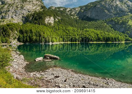 Hinterer Gosausee In Austria In Summer, Reflection In Water