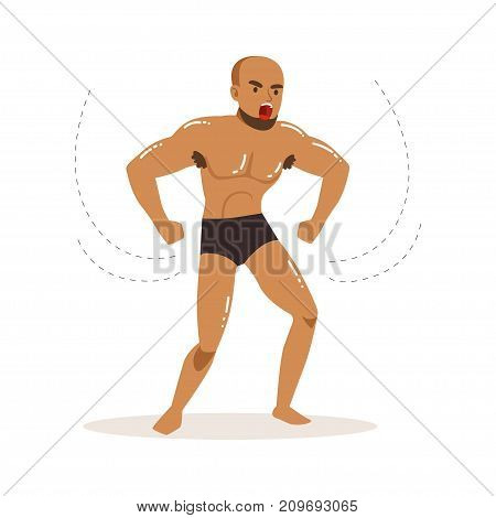 Cartoon character of angry wrestler in fight action. Professional muscularity fighter ready to win. Mixed martial artist. Strong man. Powerful posing. Vector illustration isolated on white background.