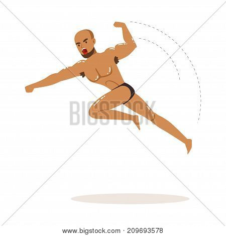 Cartoon character of wrestler in flying jump kick action. Professional muscularity fighter. Mixed martial artist. Combat sport. Strong man. Vector illustration isolated on white background.