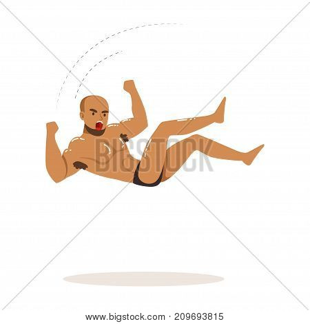 Cartoon character wrestler fall over on his back. Professional muscularity fighter. Mixed martial artist. Young bearded strong man. Combat sport. Vector illustration isolated on white background.