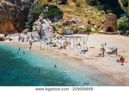 Crete, Palaiokastro, June 10, 2017: People Have A Rest At Sea Bay Of Palaiokastro Town With Beautifu