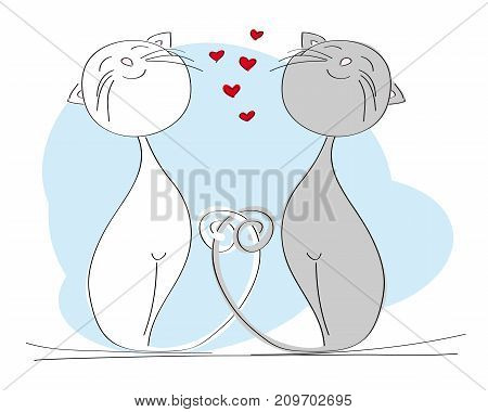 Two cats in love - grey and white cat with their tails twisted - original hand drawn illustration