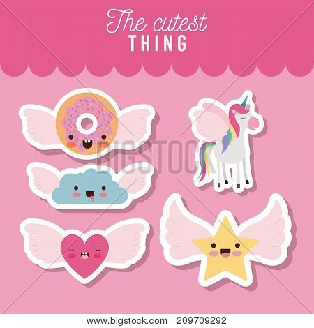 the cutest thing poster set of donut and cloud and heart and star with wings and unicorn over pink background vector illustration