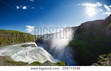 famous Gullfoss waterfall in southern Iceland. treking in Iceland. Travel and landscape photography concept