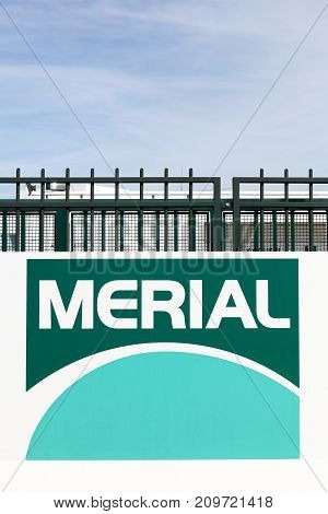 Saint Priest, France - October 7, 2017: Merial industrial site and logo in Saint Priest in France. Merial is a multinational animal health company
