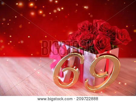 birthday concept with red roses in gift on wooden desk. 3D render - sixty-nineth birthday. 69th