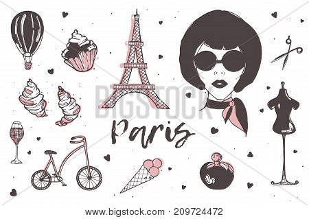 Set of Paris and France elements - stylish Parisian woman, perfume, french croissant, Eiffel Tower, glass of champagne hand drawn in doodle style and isolated on white background. Vector illustration