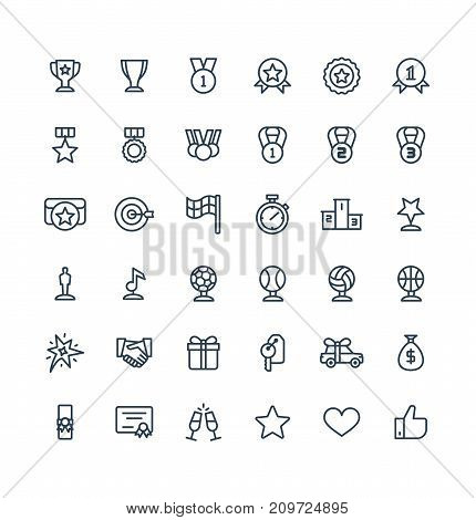 Vector thin line icons set, graphic design elements. Illustration with award, achievement symbols. Medal, sport trophy, first place prize, victory gift, cinema, music statuette linear pictogram